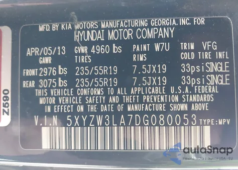 2013 Hyundai Santa Fe Sport 2.0T from USA, damaged, VIN 5XYZW3LA7DG080053